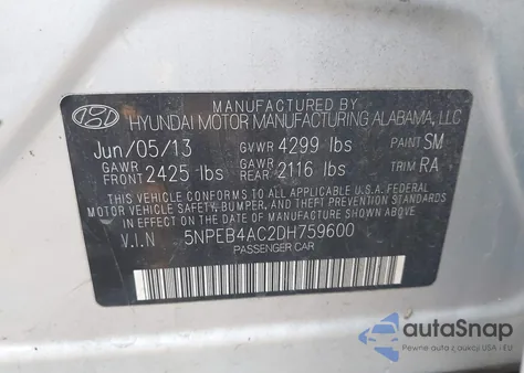 2013 Hyundai Sonata Gls z USA, uszkodzony, nr VIN 5NPEB4AC2DH759600